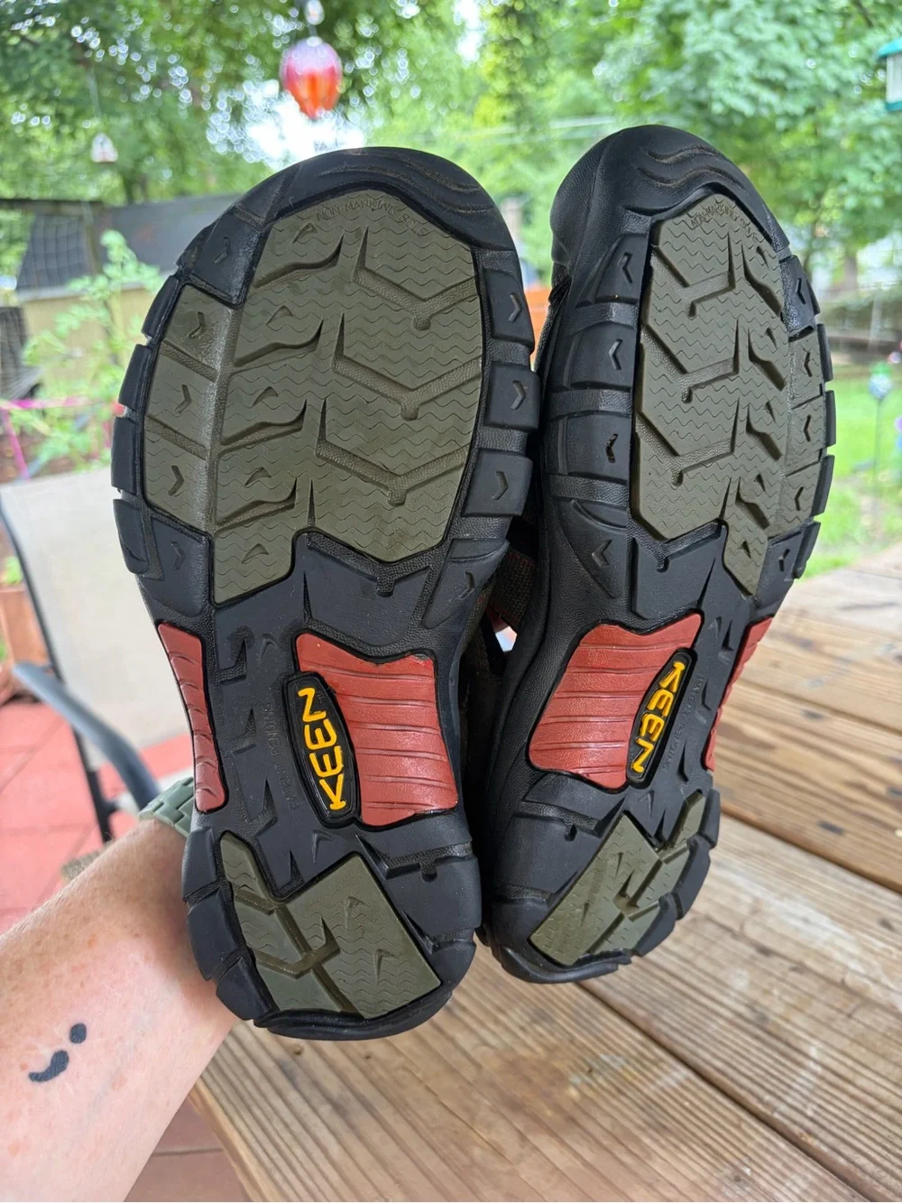 KEEN Men's Sandal in Olive Green and Black with Orange Accents